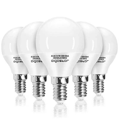 Immagine di Aigostar Lampadina LED E14 da 9 W (Equivalenti a 62W), Luce Calda 3000K, 840 Lumen, CRI&gt; 80, Risparmio Energetico, Non Dimmerabile, Pacco 5