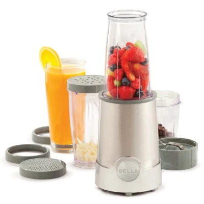 Immagine di BELLA Mini Frullatore Elettrico Portatile Rocket in Acciaio Inossidabile, Set da 12 Pezzi, Mixer e Tritatutto per Smoothies, Frullati Salse, 285 Watt, Argento