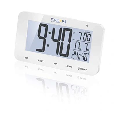 Immagine di Explore Scientific RDC1004 Orologio radiocontrollato da tavolo con display retroilluminato a LED Bianco, Allarme &amp; Snooze, Batterie
