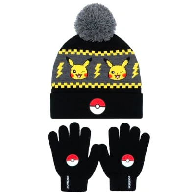 Immagine di Pokemon Set berretto e guanti invernali caldi comodi per ragazzi Design Pikachu Perfetto da 6 a 12 anni regalo Nero/Giallo