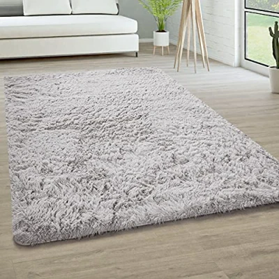 Immagine di Paco Home Tappeto Salotto Pelo Lungo Soggiorno Pelliccia Finta Shaggy Morbido Monocolore, Dimensione:140x200 cm, Colore:Argento
