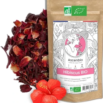 Immagine di Ascenbio ✿ Fiori di ibisco 100% biologici, 1 raccolto, secchi interi Tisana Karkadé Bissap 180 g sciolto Preparato e confezionato in Francia Imballaggio biodegradabile