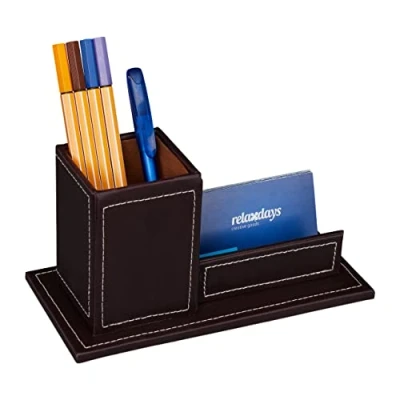 Immagine di Relaxdays Porta Biglietti da Visita Scrivania Organizer Ufficio, Portapenne in Similpelle, HLP 10,5x20x10 cm, Marrone