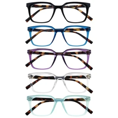 Immagine di OPULIZE KOI Occhiali da Lettura, Confezione 5 Rettangolare Nero Blu Viola Trasparente Verde Acqua Unisex Cerniere a Molla RRRRR50 135CQ +3.00