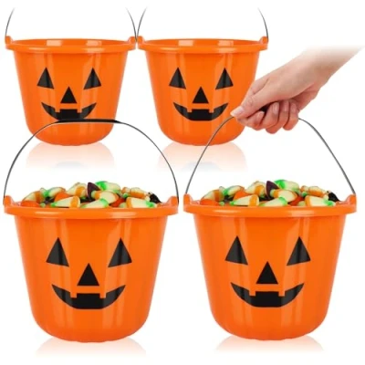 Immagine di com four® 4X Secchi di Zucca Halloween XL plastica a Forma per la Raccolta Dolci Borsa con Manico