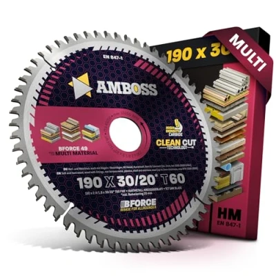Immagine di HM Lama per sega circolare 190 x 30 cm, 20 Z60, denti piatti con smusso intercambiabile, taglio fine, AMBOSS WERKZEUGE® mm + anello riduttore mm. compatibile