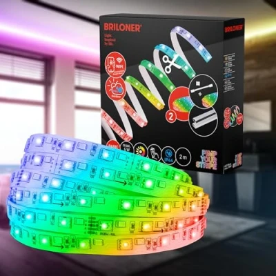 Immagine di BRILONER Pimp your Stripe Starter Set striscia LED da 2 m, protezione dagli schizzi IP44, controllo vocale tramite app, cavo 3 RGBW colorato, accorciabile, esterno,