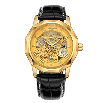 Immagine di FORSINING Orologio da polso uomo, automatico, meccanico, dodecagono, scheletro, numeri romani, cinturino in vera pelle, tourbillon, Oro, Classico