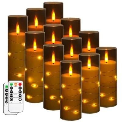 Immagine di Da by candela LED lampeggiante con stringa di stelle incorporata, a bastoncino in acrilico telecomando 11 pulsanti e timer, elettrica, grigio, set 12