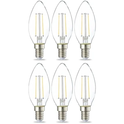 Immagine di Amazon Basics lampadine a LED, con attacco Edison E14, piccole, oliva, da 2.1 W (equivalenti 25 W), filamento in vetro trasparente, non dimmerabili, Confezione 6, Bianco Caldo