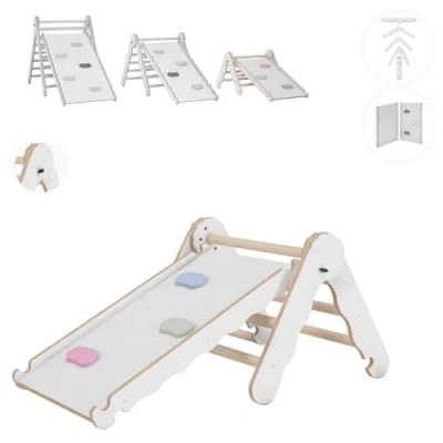 Immagine di MAMOI® Triangolo con Scivolo in Legno Naturale per Bambini, Parete Arco Arrampicata Uso Interno, Percorso Montessori a Partire da 1/2/3 Anni