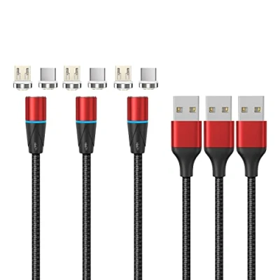 Immagine di NetDot Gen12 Intrecciato in Nylon Magnetico Cavo di Ricarica Rapida e trasferimento Dati con LED Compatibile telefoni Micro USB C(1m/3 Pack Rosso)