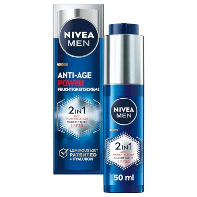 Immagine di NIVEA MEN Antietà 2 in 1 Power cura del giorno con SPF 30, viso acido ialuronico per effetto anti invecchiamento, della pelle LUMINOUS630 contro macchie di età e pigmentazione