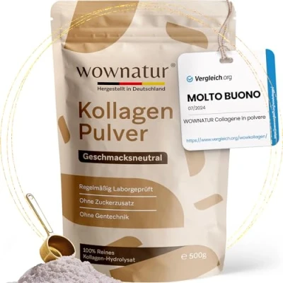 Immagine di WOWNATUR® collagene in polvere 500 g Solubilità perfetta Idrolizzato di prima qualità Peptidi tipo 1, 2 e 3 piccole dimensioni Sapore odore neutri L&#039;originale
