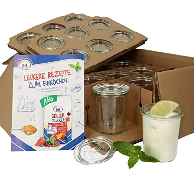 Immagine di MamboCat Weck Set da 12 vasetti con coperchio in vetro, 160 ml, libro di ricette
