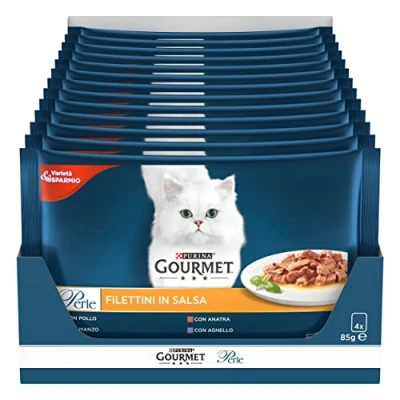 Immagine di Purina Gourmet Perle Gatto Filettini In Salsa Con Manzo, Pollo, Agnello, Anatra 48 buste da 85 g ciascuna (Confezione x g)