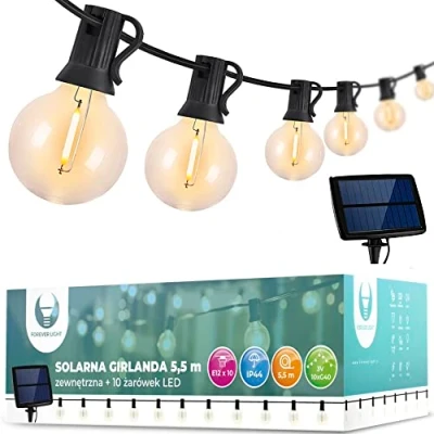 Immagine di Forever catena luminosa a ghirlanda solare lunga 5,5m 10 lampadine Edison filamento trasparente IP44 con pannello solare, 4 modalità di luce variabile, sensore crepuscolare, forte, bianco caldo