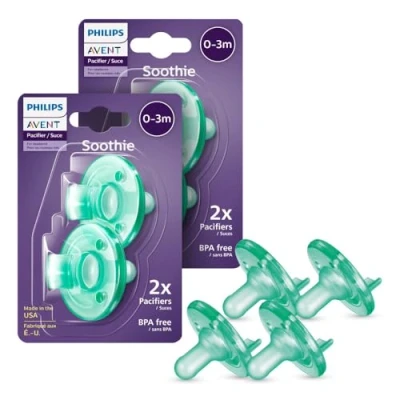 Immagine di Philips AVENT Soothie Ciucci ortodontici per bambini, 100% silicone, un pezzo, senza BPA, bambini da 0 a 3 mesi, verde, confezione 4, modello SCF190/41