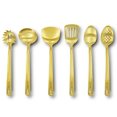 Immagine di HOOZ Set di 6 utensili da cucina in acciaio inox, cucina, 1 mestolo, 2 spatole, cucchiaio per spaghetti, portata (oro)