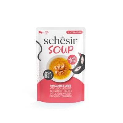 Immagine di Schesir, Zuppa con Filetti di Salmone e Carote, Cibo Umido Complementare per Gatti, Ricetta Originale, 100% Naturale, 12 buste da 40g