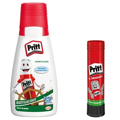 Immagine di Pritt Adesivo artigianale , asciugante trasparente per la casa, scuola o l’ufficio, mascherina bianca bambini, Set risparmio con 1 flacone da 100 g e Stick Kebstift 11