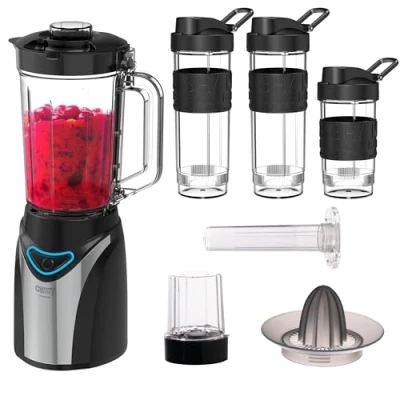 Immagine di CAMRY CR4086 Frullatore da 500 W, tazza 1,2 l, senza BPA, smoothie Maker, Pulse Crush e Ice Crush, borraccia in plastica Tritan, 3 pezzi, tritatutto, inserto refrigerante, spremiagrumi con