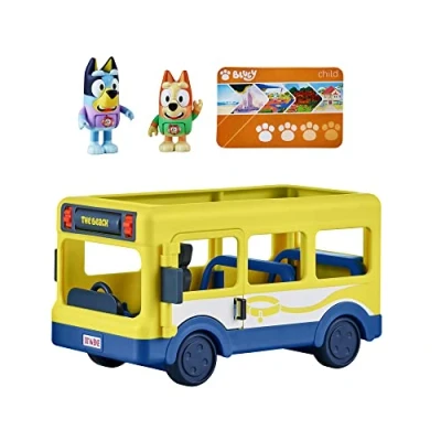Immagine di Bluey Set da gioco con veicolo di autobus cittadino e confezione personaggi ufficiali, due action figure collezione Bingo 6,3 7,6 cm Bus Pass