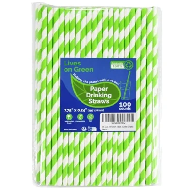 Immagine di Lives on Green Cannucce usa e getta in carta, 19,7 x 0,6 cm, a righe, 100 pezzi, biologiche compostabili