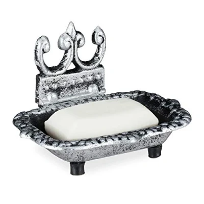 Immagine di Relaxdays Portasaponetta in Design Antico, Piattino Rettangolare per Saponetta con Supporto Ghisa, Portasapone. Argento, 90% 10% Gomma, 1 pz