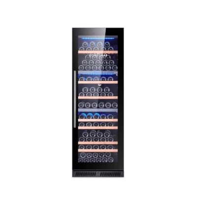 Immagine di BODEGA43 145 Cantinetta vino multifunzionale con 3 zone di temperatura, bottiglie, 41 dB, da incasso e a libera installazione, porta design vetro nero, 7 ripiani estraibili in legno mogano