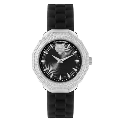 Immagine di Plein Sport Orologio analogico al quarzo Dynasty, da uomo, Argento/Nero/Silicone Psoba0123, cinghia