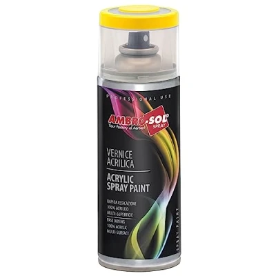 Immagine di Ambro Sol V4001023 Smalto Acrilico Multiuso, Vernice Brillante per Interni ed Esterni, Adatto Qualsiasi Tipo di Materiale, Bomboletta Spray in Banda Stagnata Riciclabile da 400 ml, Giallo Traffico
