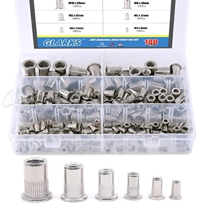 Immagine di Glarks Kit assortimento di dadi rivettati in acciaio inox 304 con testa piatta filettata, 180 pezzi, M3, M4, M5, M6, M8, M10