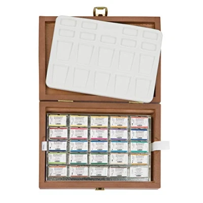 Immagine di Schmincke HORADAM® AQUARELL Premium confezione in legno con 24 acquarelli sopraffini, tavolozza di porcellana, 74524097, x 1/1 godet interi, Onetz