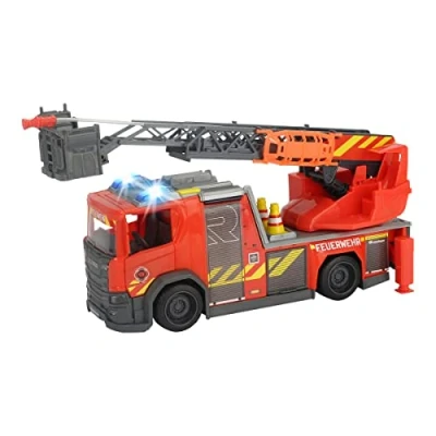 Immagine di Dickie Toys Scania Scaletta girevole con funzione di spruzzo d&#039;acqua e pompiere, batterie, scala gambe supporto, 25 cm, colore: Rosso