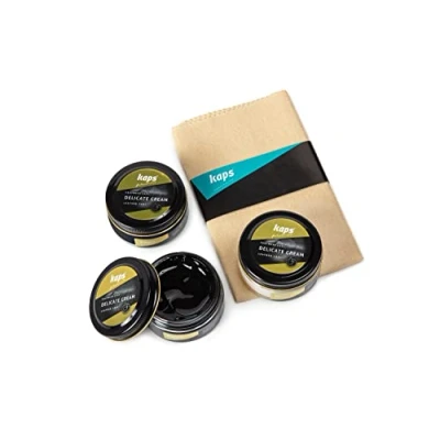Immagine di Kaps Crema Lucidascarpe Professionale Per Scarpe e stivali con Panno di Cotone. Set 3 (Blu Navy/Trasparente/Nero) 50 ml/1.69 Oz. Ciascuno. la Cura delle Calzature in Pelle Naturale Sintetica
