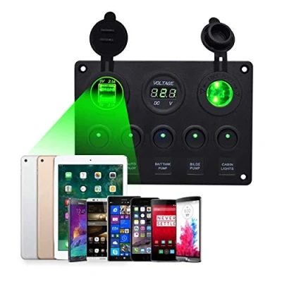 Immagine di Barca Multifunzione Panel 5 Gang on/off Interruttore a bilanciere pannello, doppia presa USB caricatore 2.1A e + LED Accendisigari Voltmetro per auto Marine RV Camion Camper Veicoli