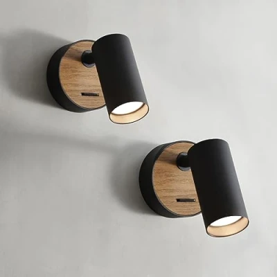 Immagine di ouglres Nero Lampada Da Parete Con Interruttore, 2 Pack In Legno Design Retro Wall Spot Alluminio,Interior Lighting Soggiorno Camera Letto, Gu10 (Lampadina Non Inclusa)