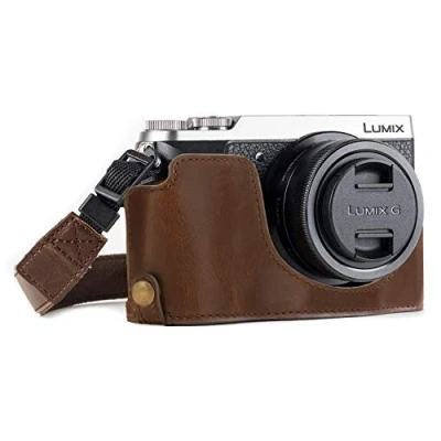 Immagine di MegaGear Panasonic Lumix DMC GX85, GX80 Ever Ready Custodia metà copertura in finta pelle per Fotocamera con Tracolla Marrone scuro MG973