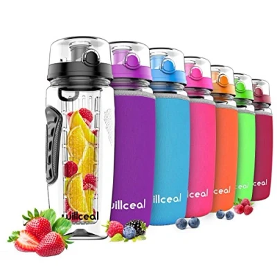 Immagine di Borraccia per l&#039;acqua con infusore frutta,di grandi dimensioni, capacità: 946 ml, resistente, in plastica Tritan priva di bisfenolo A, coperchio a scatto e design prova perdita (Black)