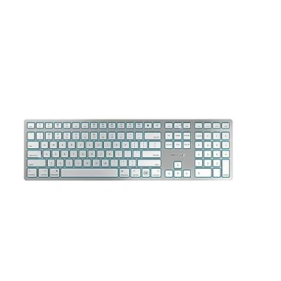 Immagine di CHERRY KW 9100 SLIM FOR MAC, Tastiera Mac Senza Fili, Layout per gli USA (QWERTY), Connessione Bluetooth o Wireless 2,4 GHz, Tasti Piatti, Ricaricabile, Bianco Argento