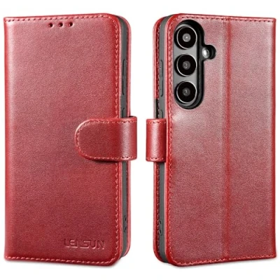 Immagine di Lensun Custodia per Samsung Galaxy S24, Cover in Vera Pelle [RFID Blocking] Libro con Portafoglio Chiusura Magnetico Flip Custodie Cuoio Telefono S24 5G Vino Rosso