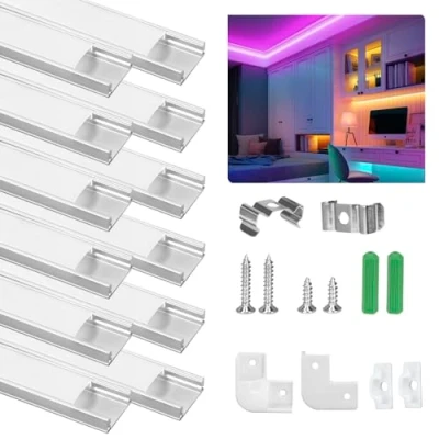 Immagine di 12 pezzi di Profilo in Alluminio da 1m a Forma U Modello, per Strisce LED Compatto Facile tagliare con Cover e Tappi Chiusura laterali, Accessori Completi Montaggio, Montaggio Universale