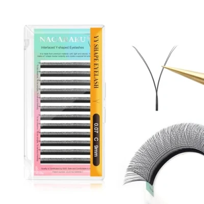 Immagine di NAGARAKU YY Ciglia Extension 4D a Forma di Y Ventagli Prefabbricati Volume Russo Premade Fans Naturale Eyelash Individuali Cluster Wispies Incrociate Opaco Nero 12 File(0.07 C 9mm）