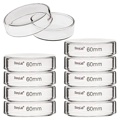 Immagine di Stonylab 10pz Piastre Petri Vetro, 60x15 mm per Colture Cellulari in Vetro Borosilicato Autoclavabili con Coperchio Trasparente Laboratorio
