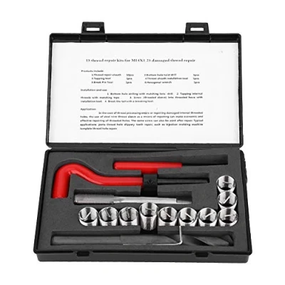 Immagine di 15Pcs Kit di riparazione filo, lunghezza M14x1,25 2D attrezzo per inserto filettato chiave inglese trapano avvitatore in acciaio inossidabile, conversione unità metriche imperiali e