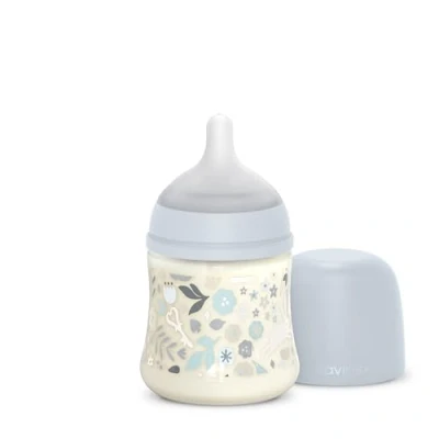 Immagine di Suavinex, Biberon da 150 ml, con tettarella Simmetrica in Silicone SX Pro e Valvola Anticolica. a flusso lento (S). Neonati +0 mesi. Wonderland Fiori Azzurro