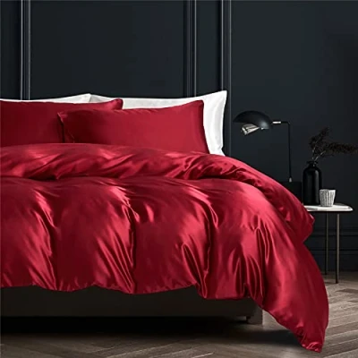 Immagine di Gezu Copripiumino 240 x 260 cm, in raso rosso bordeaux tinta unita, set di biancheria da letto seta liscia e liscia, morbida, con 2 federe 65 chiusura lampo