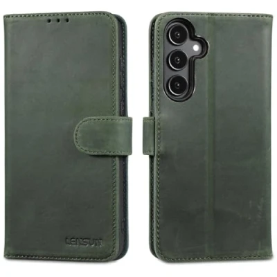 Immagine di Lensun Custodia per Samsung Galaxy A55 5G, Telefono Cover [Vera Pelle][Supporto Stand][Libro con Portafoglio] Chiusura Magnetico Flip Custodie Cuoio Verde Retrò