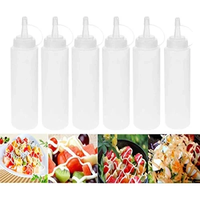 Immagine di Confezione da 6 bottiglie di plastica Squeeze salsa condimento dispenser set con cappuccio, condimenti e officina Storage, senza BPA, 230 ml, colore: Bianco.